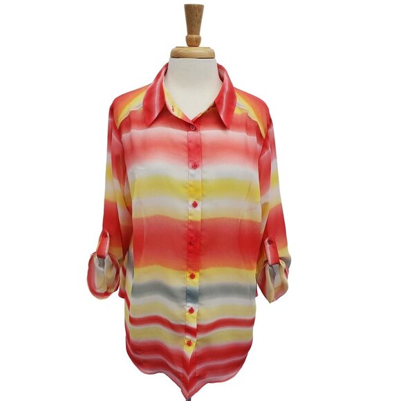 ALYX Womens Button Up Colorful Striped Sheer Blouse Top Size L Roll Tab Sleeve - Picture 1 of 13